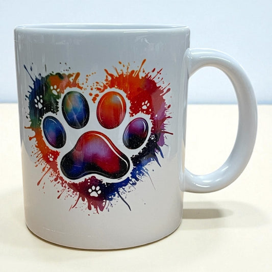 Colour splash dog paw prints & love heart ceramic mug 11oz