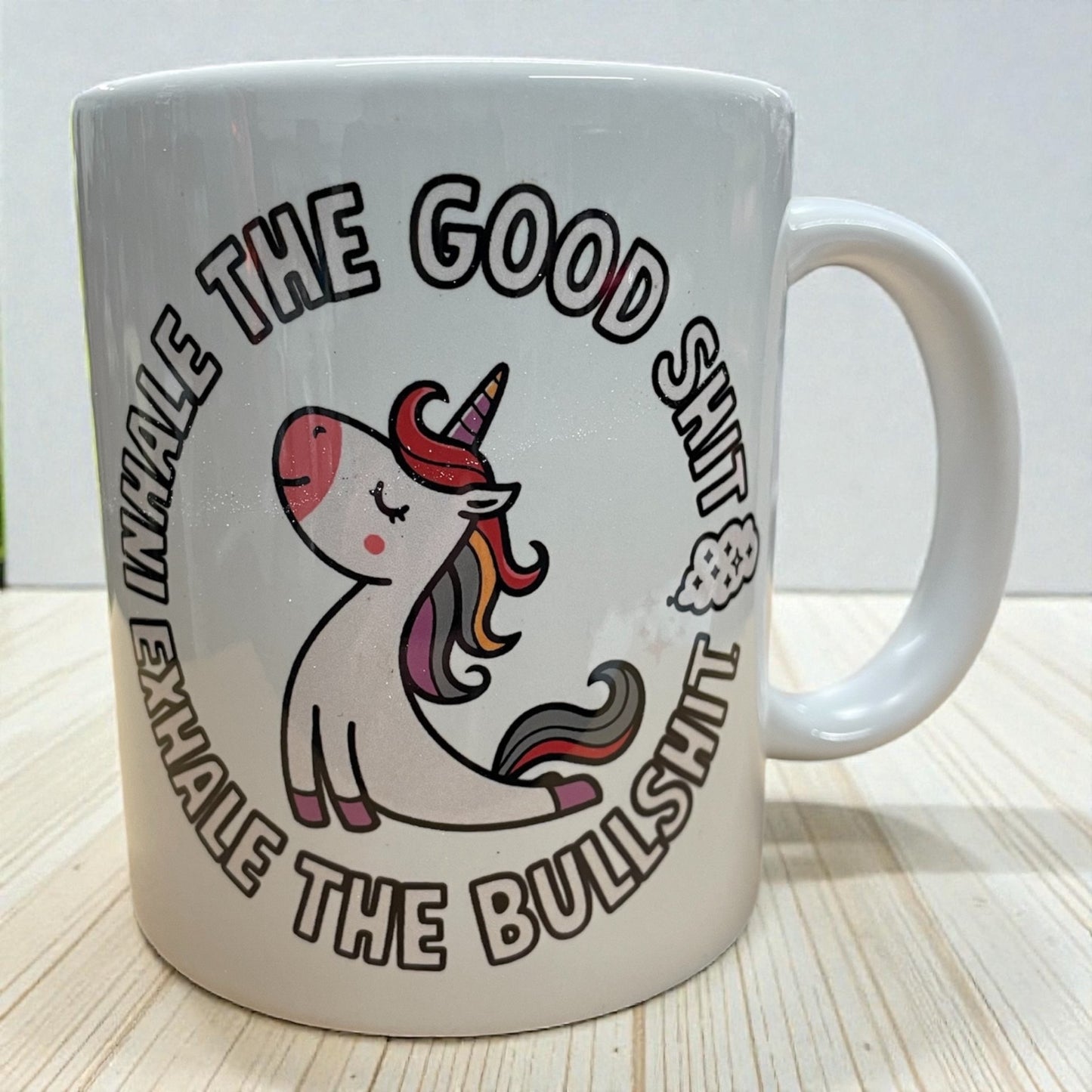 Funny rude swearing unicorn ceramic mug 11oz inhale the good sh*t exhale