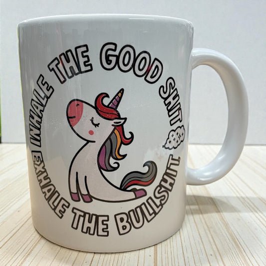 Funny rude swearing unicorn ceramic mug 11oz inhale the good sh*t exhale