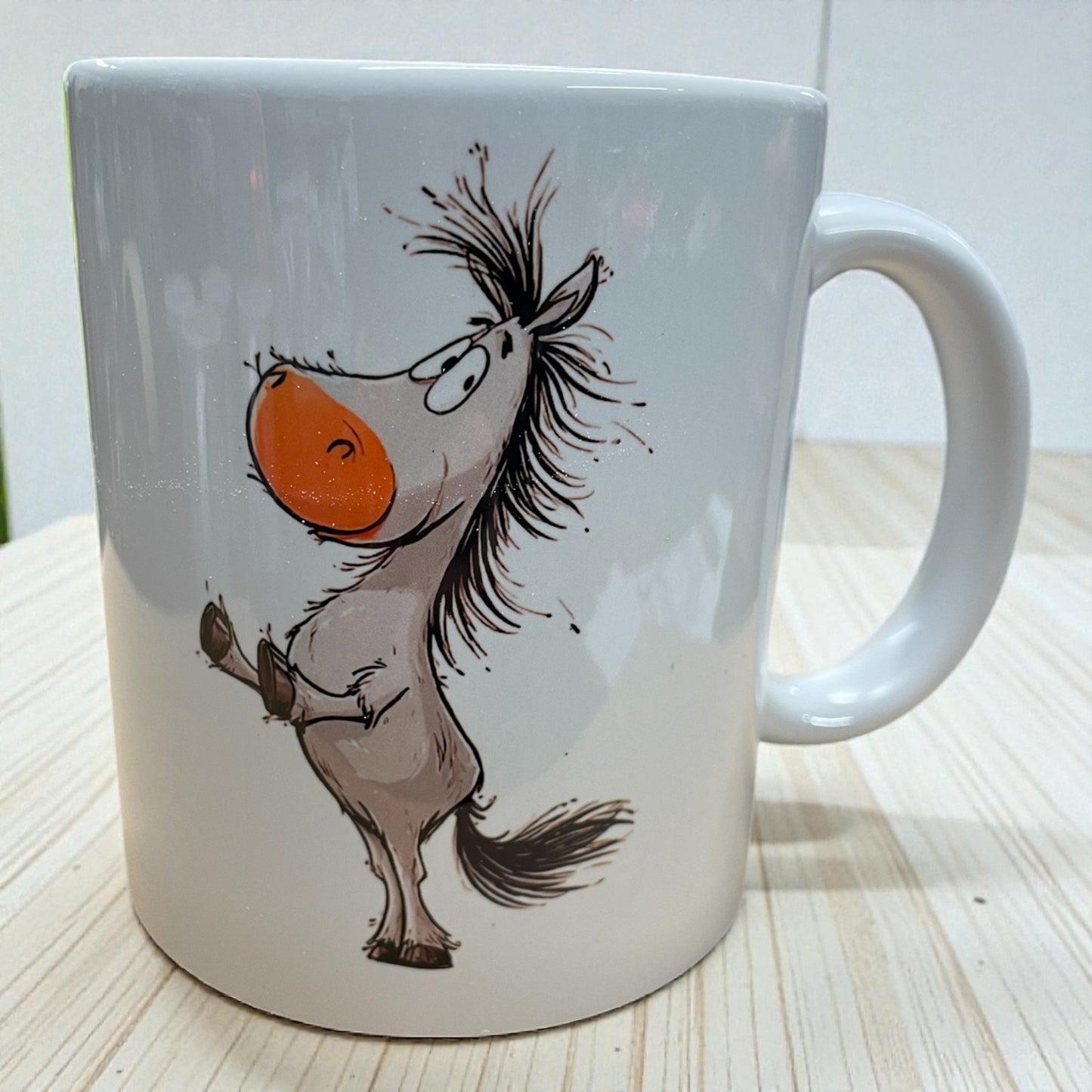 Equestrian theme ceramic mug 11oz cute ugly funny cartoon grey rearing horse