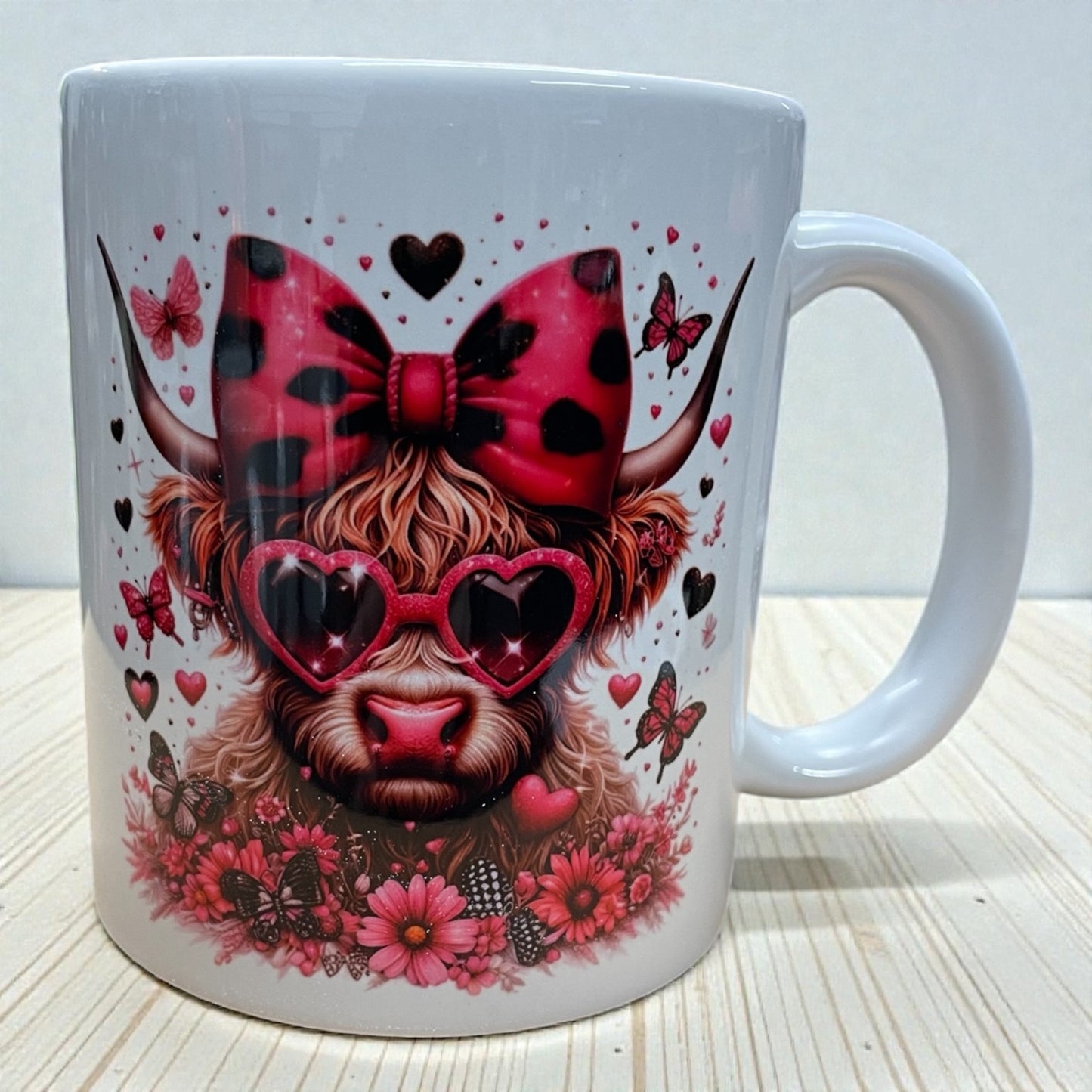 Highland Cow ceramic mug 11oz cute hair bow & heart glasses