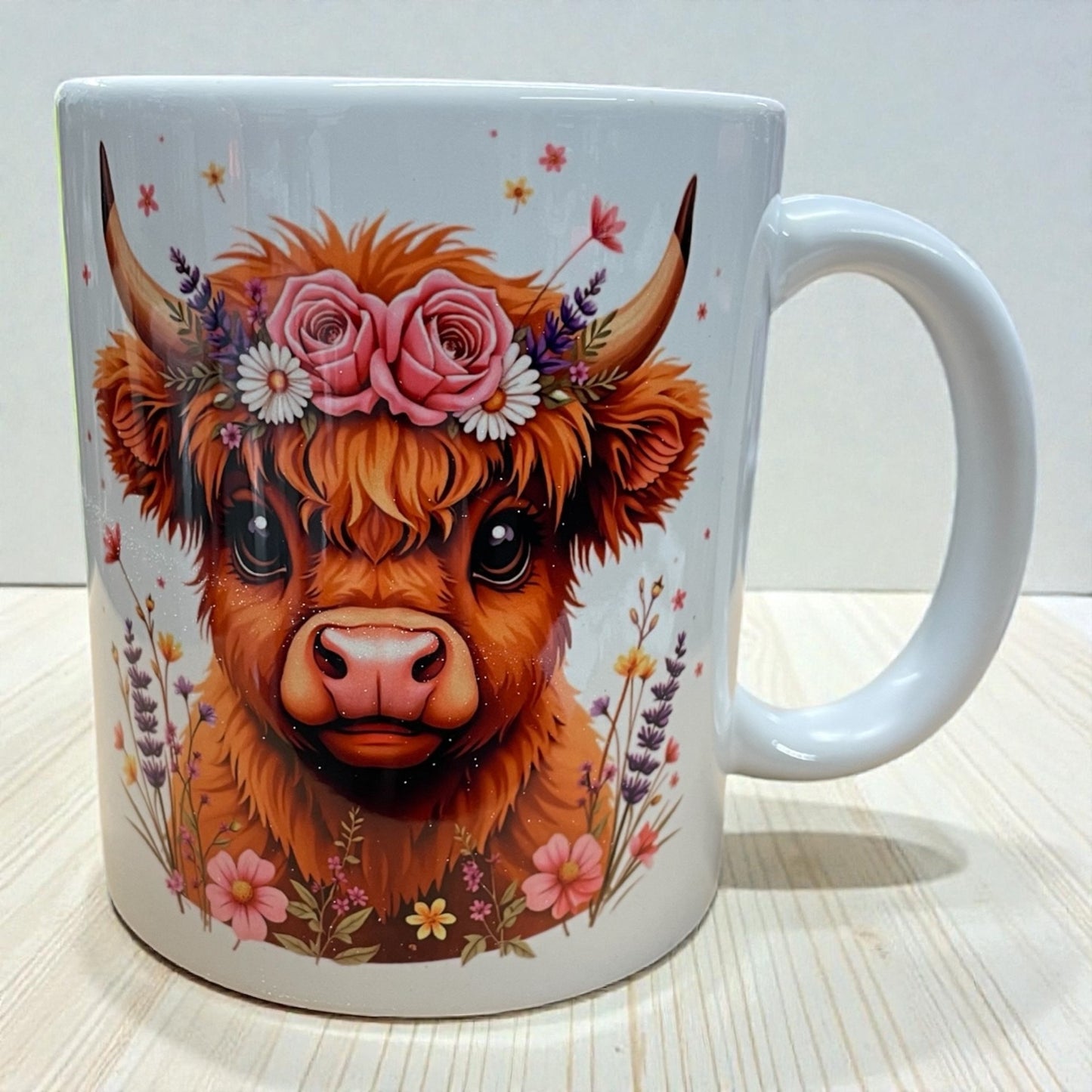 Sweet Highland Cow ceramic mug 11oz flowers, roses & daisies