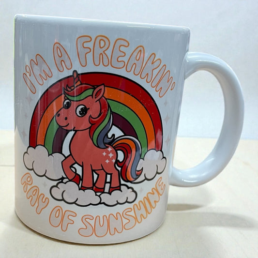 Funny sarcastic unicorn ceramic mug 11oz I'm a freakin' ray of sunshine