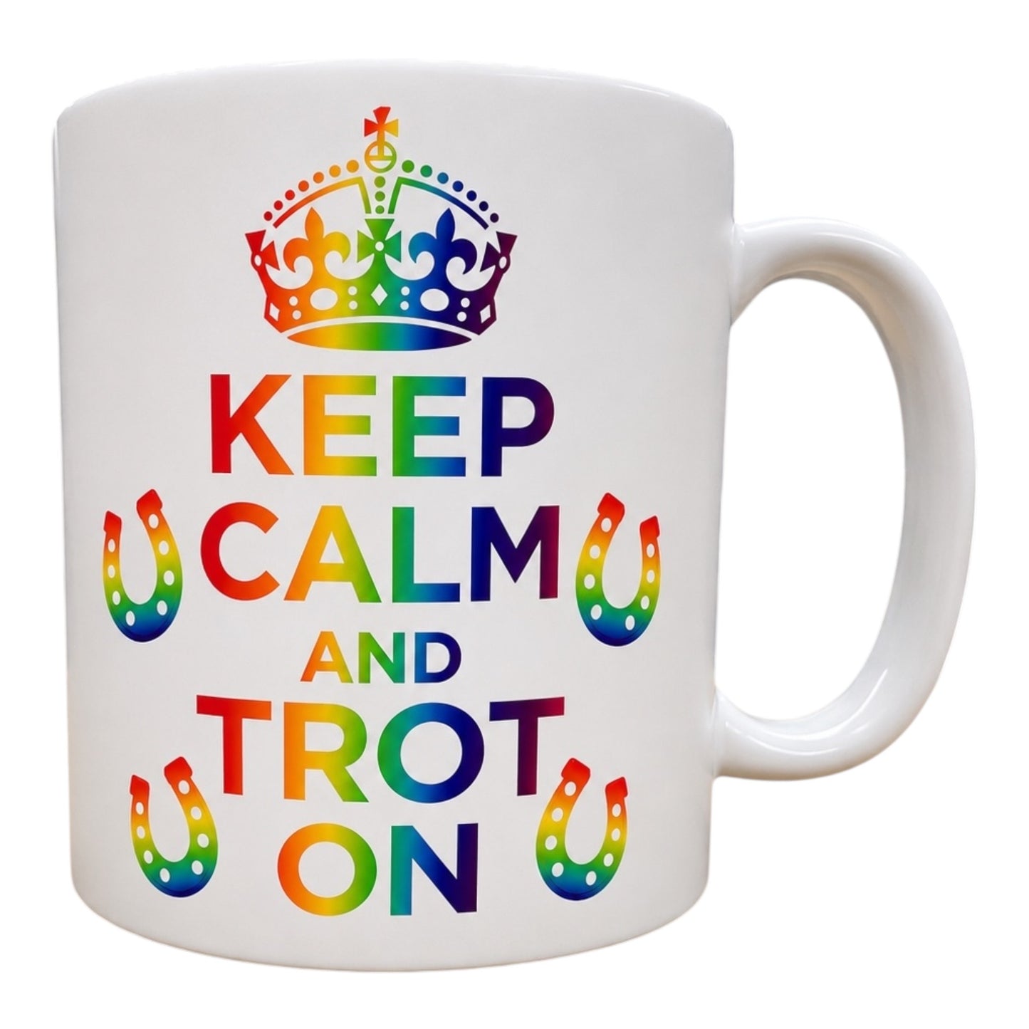 Funny equestrian horse theme mug Keep calm and kick/trot/canter on rainbow version