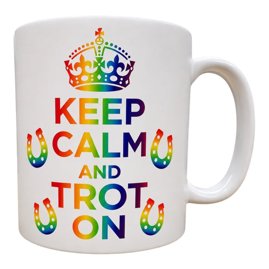 Funny equestrian horse theme mug Keep calm and kick/trot/canter on rainbow version