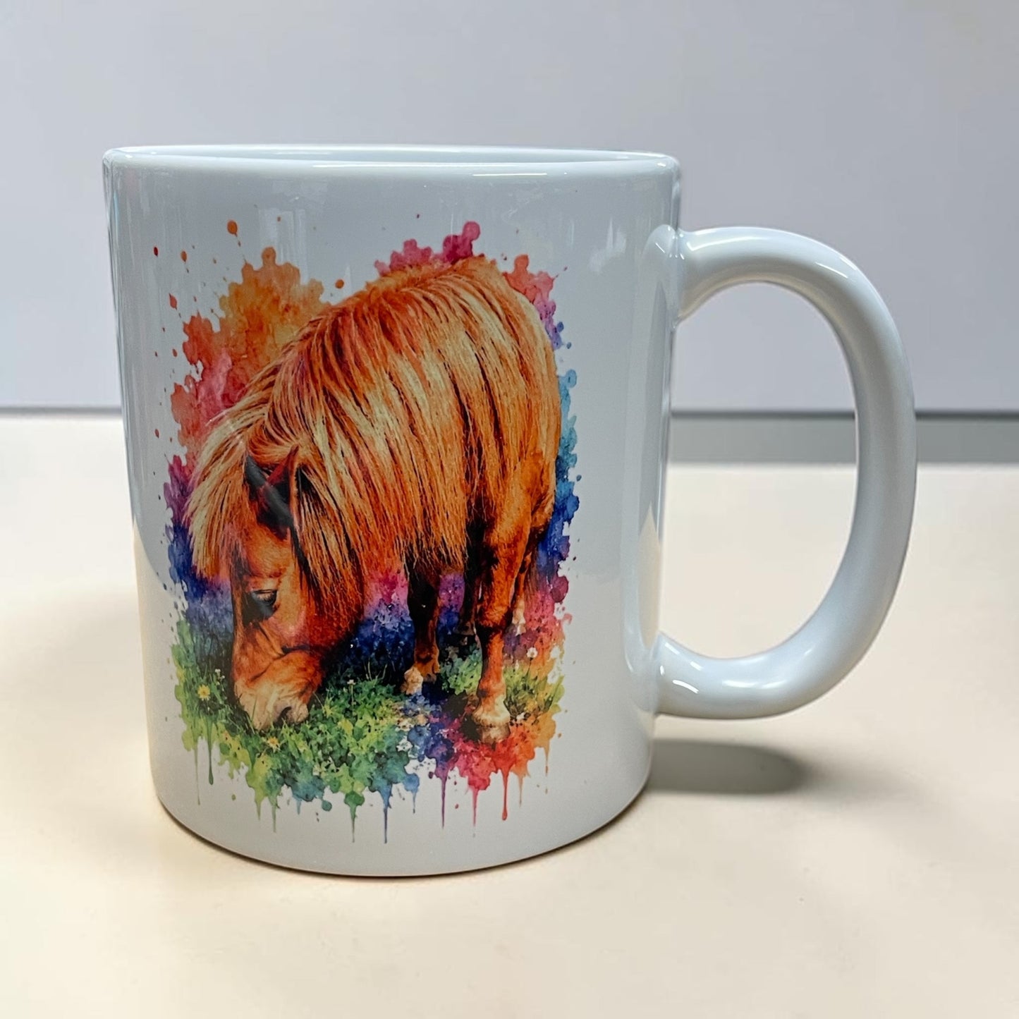 Watercolour splash rainbow mug, personalised with your horse, dog, cat picture 11oz ceramic mug