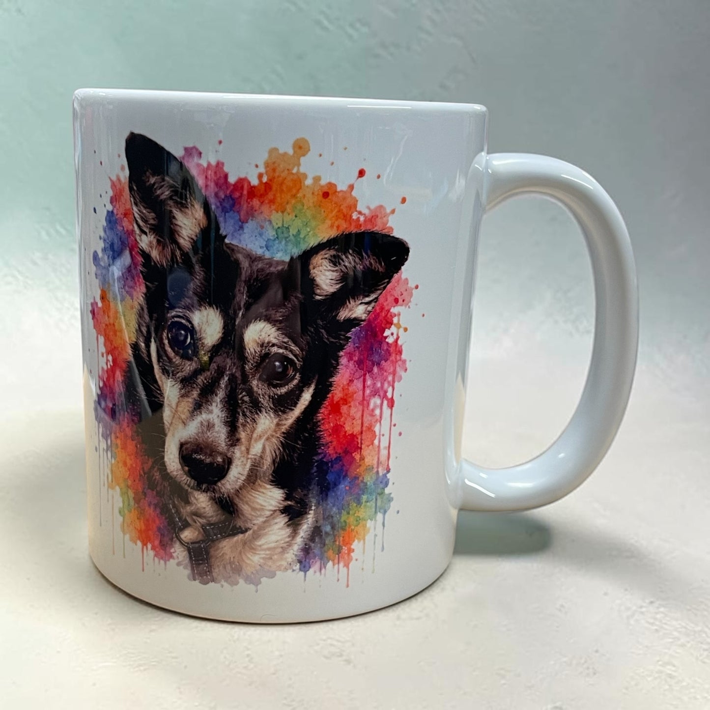 Watercolour splash rainbow mug, personalised with your horse, dog, cat picture 11oz ceramic mug