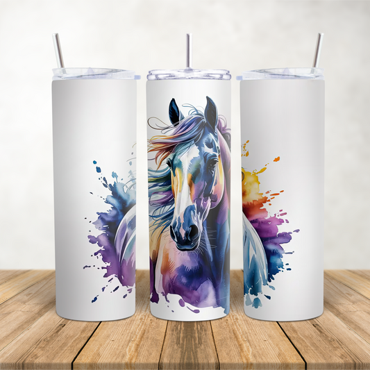 20oz Skinny Tumbler for hot & cold drinks watercolour splash horse
