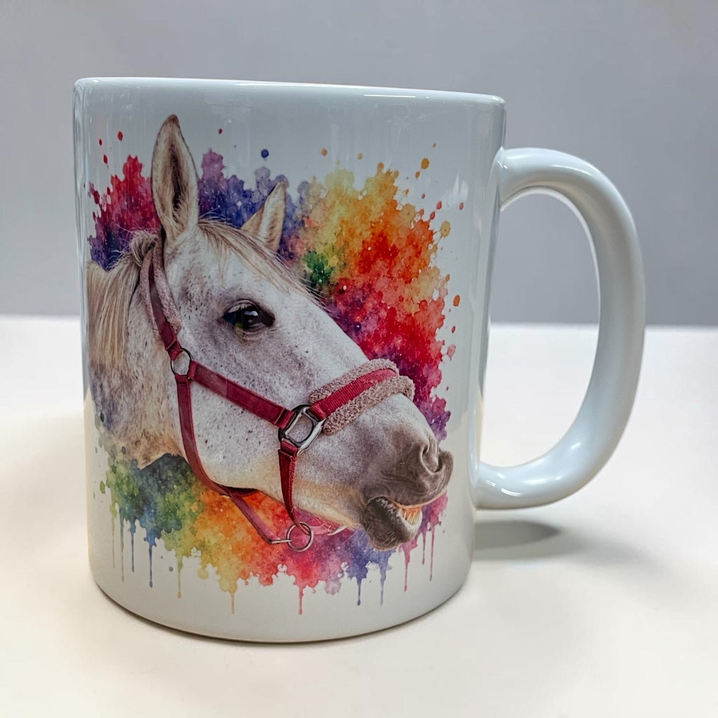 Watercolour splash rainbow mug, personalised with your horse, dog, cat picture 11oz ceramic mug