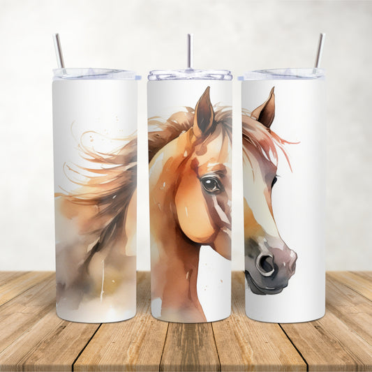 20oz Skinny tumbler for hot and cold drinks horse theme "Chestnut Welsh pony face"